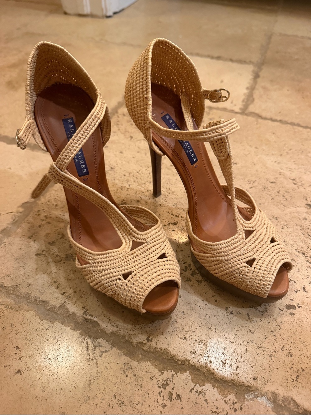 Ralph Lauren Raffia Peep-Toe High Heels